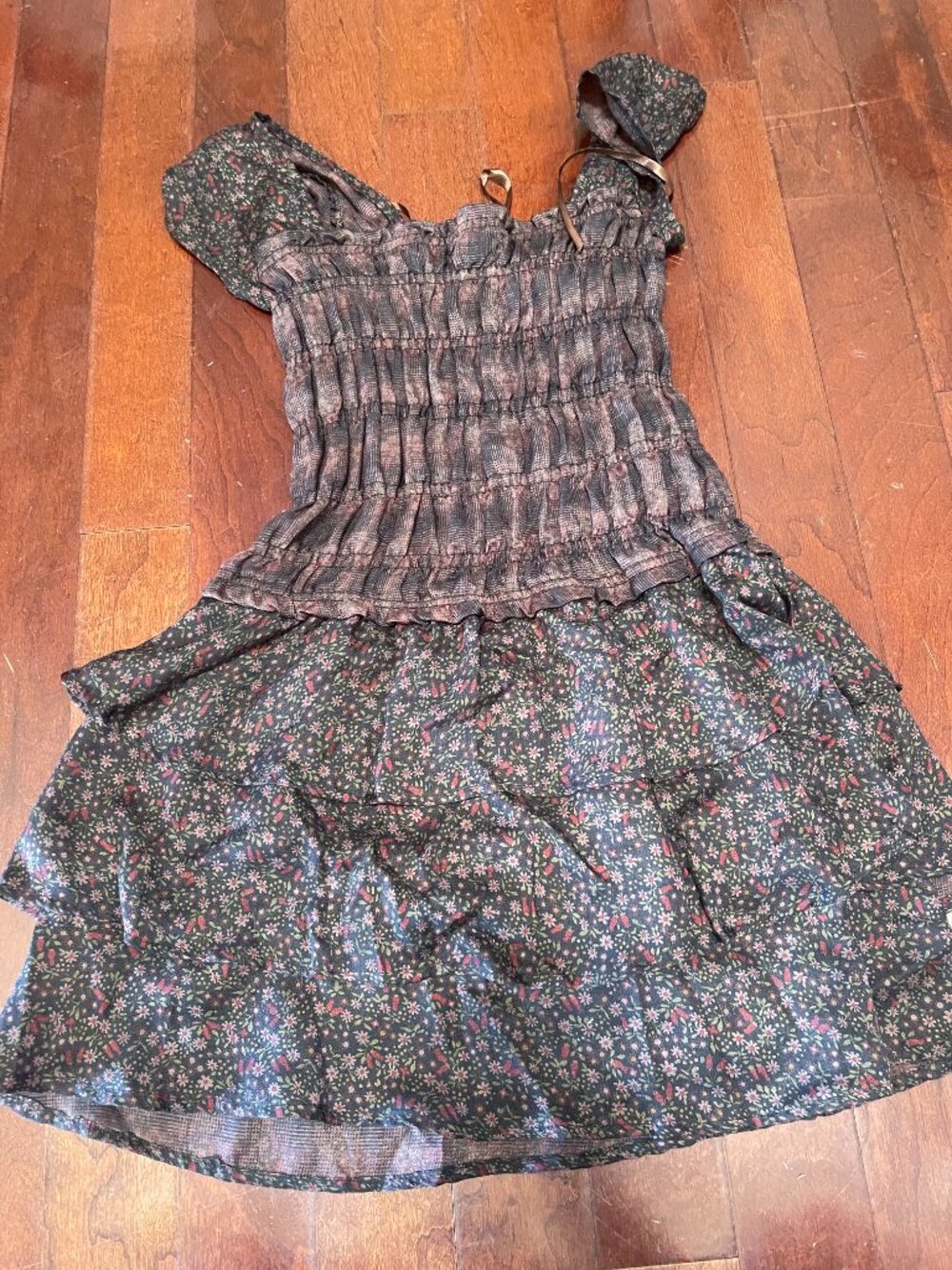 Smocked Floral Mini Dress Small Cottagecore Coquette Puff Sleeve - Picture 3 of 8
